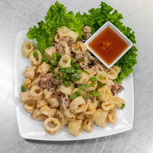 Crispy fried calamari rings and tentacles, garnished with green onions and served with a sweet chili dipping sauce.
