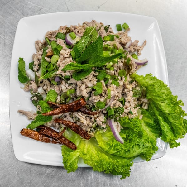 Larb, a Thai minced meat salad with herbs, red onion, and dried chilies on a white plate.